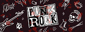 istock Punk rock set. Punks not dead words and design elements. vector illustration. 1177479340