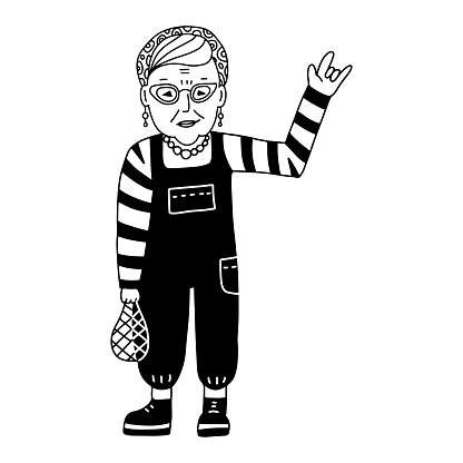 Punk Senior Woman Character in Trendy Clothes with Heavy Metal Horns Hand, Rock Roll Gesture. Cool old lady. Vector doodle black on white Illustration.