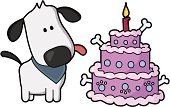 illustration of a dog with a big birthday cake with bones 