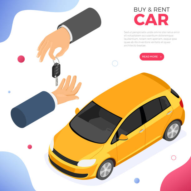 Purchase, Car Sharing or Rental Car Buy, car sharing or rental car concept with isometric icons. hand holding keys. Auto carpool, shared for city trips. Isometric isolated vector illustration used car sale stock illustrations