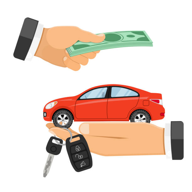 Purchase or Rental Car Banner Buy, purchase or rental car concept with flat icons. hand holding car keys, other hand gives money. isolated vector illustration used car sale stock illustrations