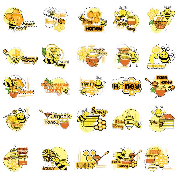 ilustrações de stock, clip art, desenhos animados e ícones de pure honey label tag sticker for advertisement - natural organic doodle tag