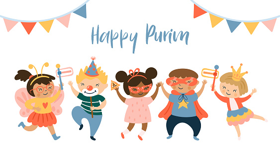 Purim carnival greeting card design with cute children characters. Childish print for card, stickers and party invitations. Vector illustration