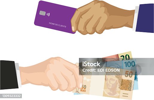istock Purple credit card. Debit or credit, one hundred notes, fifty-twenty reais of Brazil 1309323332