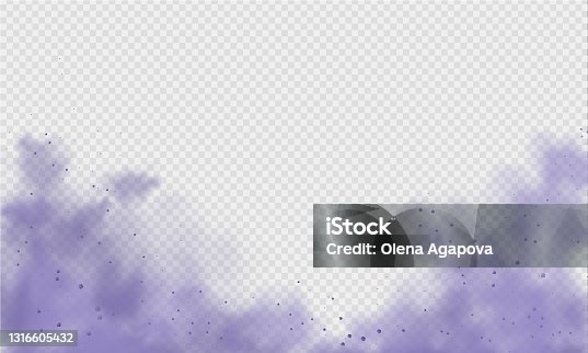 istock Purple dust or fog. Abstract purple powder explosion with particles. Violet smoke or dust isolated on light transparent background. Abstract mystical gas. Vector illustration 1316605432
