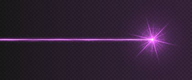 Purple laser beam light effect isolated on transparent background Purple laser beam light effect isolated on transparent background. Violet neon light ray with sparkles. laser stock illustrations