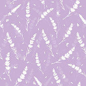 Purple lavender silhouettes seamless repeat pattern. Beautiful violet lavender retro background. Elegant fabric on light background Surface pattern design.