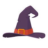 Purple old witch hat isolated on white background. Symbol of witchcraft. Halloween decorative element in flat style. Vector eps 10.