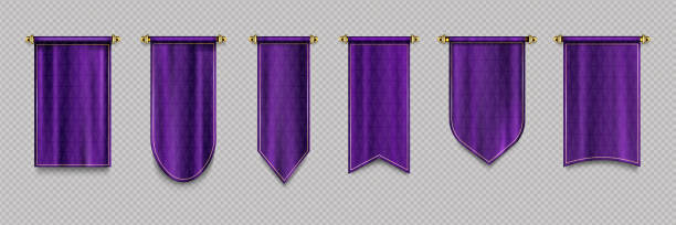 Purple pennant flags, quilt textile pendants Purple pennant flags, quilt textile pendants for sport teams, varsity or heraldic symbols. Vector realistic template of blank hanging pennons on gold pin isolated on transparent background medieval stock illustrations