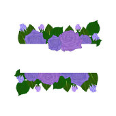 istock Purple rose flowers and leaves bouquet greeting card design template. Vector illustration. 1323037854