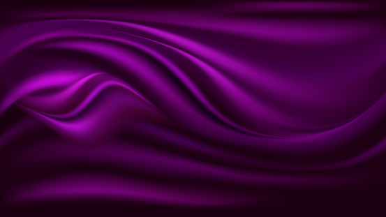 Purple satin wavy background. Silk fabric texture, waves and swirl drapery. Abstract pattern, vector illustration