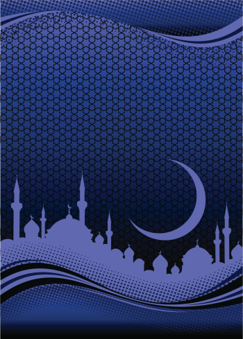 Purple silhouette of Middle Eastern city under crescent moon