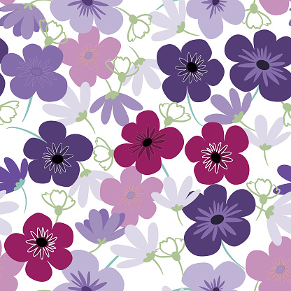 Purple violet daisy petal spring flower blossom vector seamless pattern, abstract flora illustration drawing on white background for fashion fabric textiles printing, wallpaper and paper wrapping