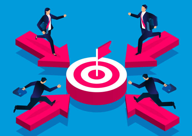 Pursue and goals, isometric four businessmen run on arrows and trying to reach common goals vector art illustration