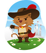 Puss in boots with wise funny face and sword, with castle behind him, hat with feather, cape, sword, and belt vector illustration. 