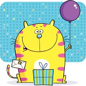 Pussy cat with card, gift and balloon.