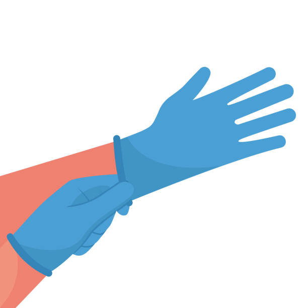 anziehen von handschuhen. schützende latexblaue handschuhe. symbol des schutzes vor viren und bakterien. - handschuh stock-grafiken, -clipart, -cartoons und -symbole