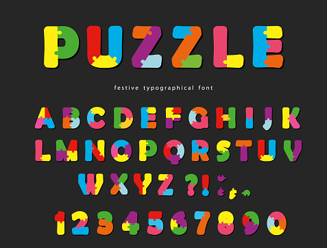 Puzzle Font Abc Colorful Creative Letters And Numbers On A Black