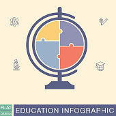 Puzzle globe school and education infographic base with room for text and thin line icons.