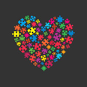 Pieces puzzle of romantic heart. Vector puzzle illustration. Jigsaw on Valentine Day. Love, medical, relationship symbol. Autism awareness. Background, banner card poster