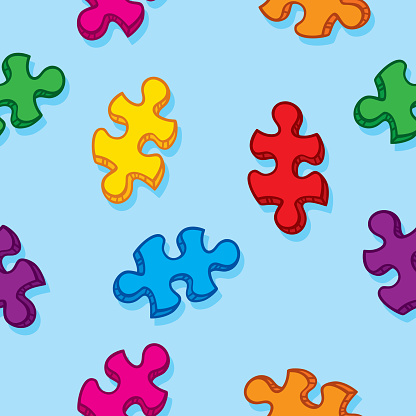 Vector illustration of hand drawn puzzle pieces in a repeating pattern against a light blue background. vector