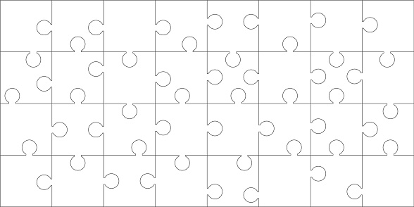Puzzles grid. Jigsaw puzzle 32 pieces, thinking game. Vector illustration