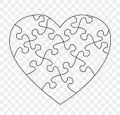 Puzzles grid vector. Black line jigsaw puzzle pieces. Heart shape frame template illustration.