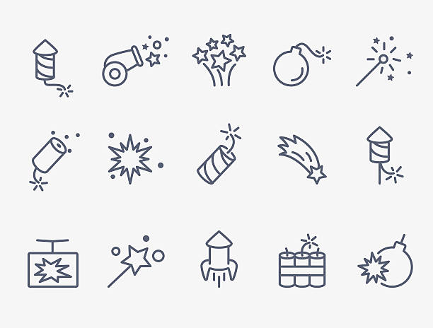 pyrotechnic and firework icons pyrotechnic and firework icons. thin lines firework explosive material stock illustrations