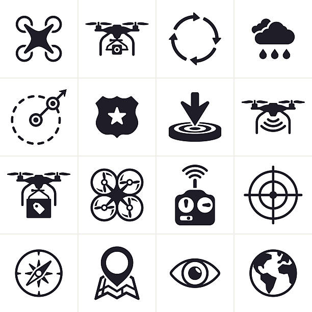 Quadcopter Icons and Symbols Quadcopter and drone icons and symbols. drone silhouettes stock illustrations