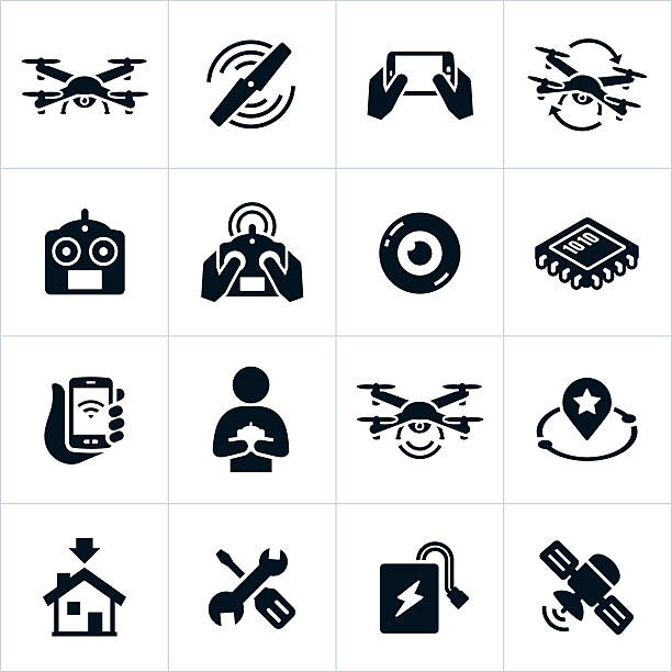 Quadcopter Icons Quadcopter or drone icons. The icons represent several common drone related items including a drone, quadcopter, rotor, propeller, remote control, smartphone, camera, battery, GPS and a person flying a drone. drone icons stock illustrations