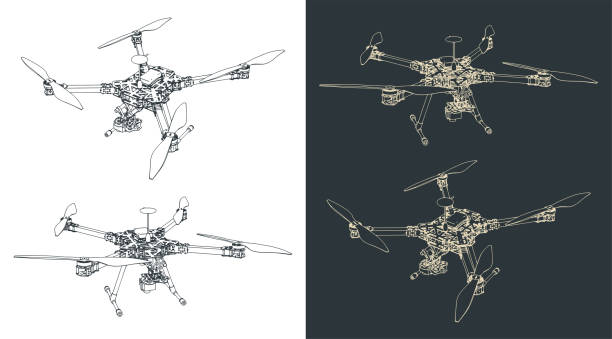 Quadcopter scout illustrations Stylized vector illustrations of the outline of a scout Quadrocopter drone drawings stock illustrations