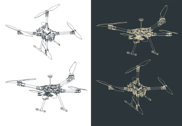 Quadcopter scout Stylized vector illustrations of the outline of a scout Quadrocopter drone drawings stock illustrations