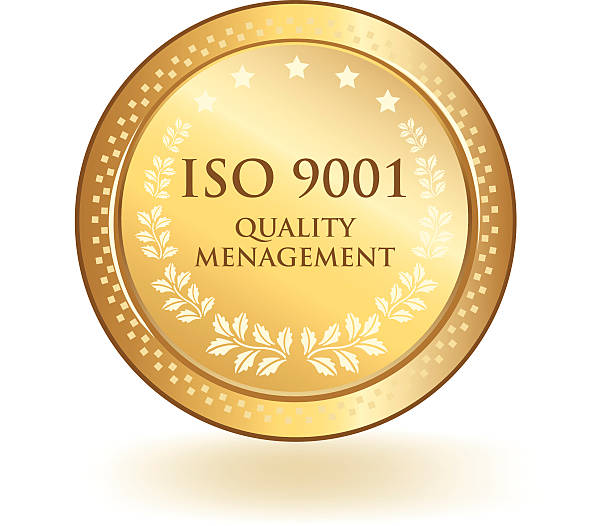 ISO Quality Management Gold decorated ISO 9001 quality management system button. 2015 stock illustrations