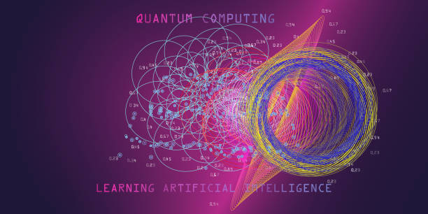 Quantum computing concept. Learning artificial intelligence infographic vector illustrations. Algorithms visualization for business and science.  Big data. Quantum computing concept. Learning artificial intelligence infographic vector illustrations. Algorithms visualization for business and science.  Big data. quantum computing stock illustrations