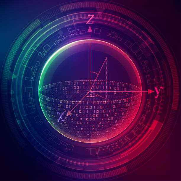 quantum computing concept of quantum computing, binary globe with digital technology element quantum physics stock illustrations