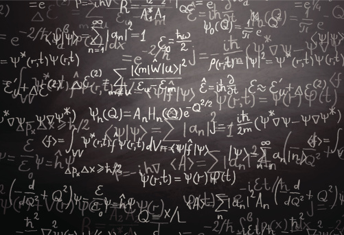 Quantum physics formulas over blackboard