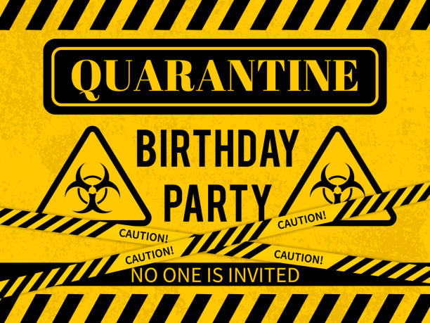 Quarantine Birthday Party sign with Biohazard symbol. Social Distancing Birthday concept. Coronavirus COVID-19 Pandemic. Vector template for banner, typography poster, flyer, greeting card, postcard.  humorous happy birthday images stock illustrations