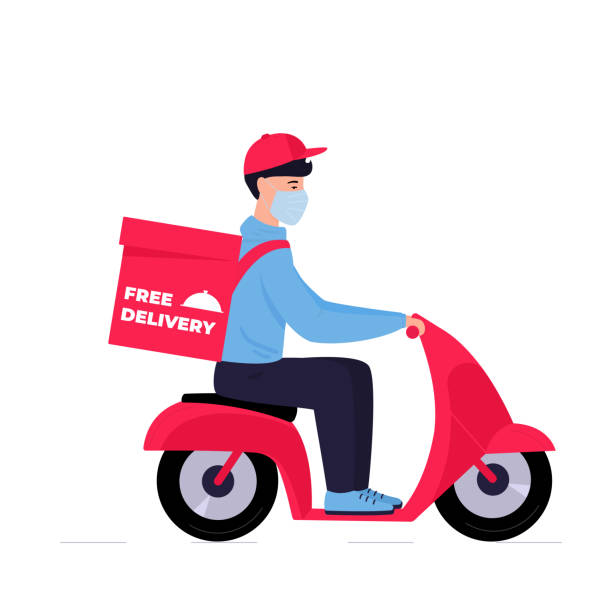 COVID-19. Quarantine. Coronavirus epidemic. Free Delivery. Man in a protective mask carries food on a motorbike COVID-19. Quarantine. Coronavirus epidemic. Free Delivery. Man in a protective mask carries food on a motorbike. home delivery stock illustrations