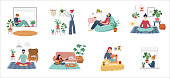 Quarantine, stay at home concept series - young women and men sitting at their home, room or apartment, practicing yoga, enjoying meditation, relaxing on sofa, reading books, baking and listening to the music. Flat cartoon vector illustration