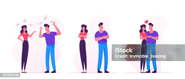 istock Quarrel, Swear and Reconciliation of Loving Couple. Man and Woman Sorting Things Out, Fighting. Family Life, Scandal between Husband and Wife. Love Human Relations. Cartoon Flat Vector Illustration 1173081206