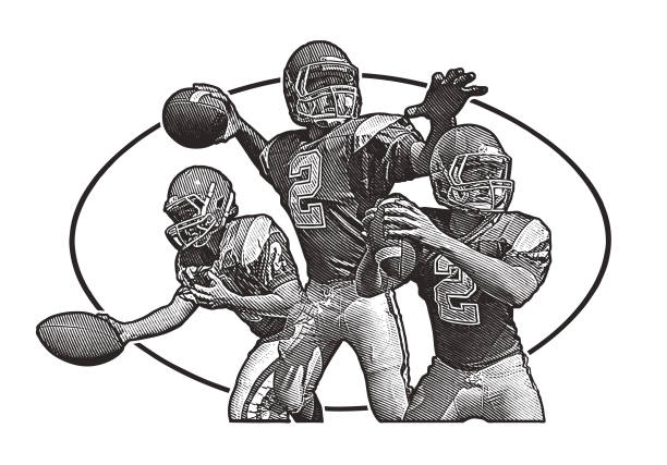 Quarterback passing football Illustration of an American Football Quarterback passing football black and white football stock illustrations
