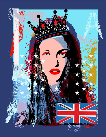 Queen, girl with crown and British flag background.