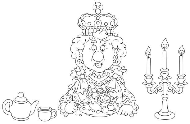 illustrazioni stock, clip art, cartoni animati e icone di tendenza di regina con un budino britannico - queen elizabeth