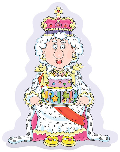 illustrazioni stock, clip art, cartoni animati e icone di tendenza di regina con una torta per le vacanze - queen elizabeth