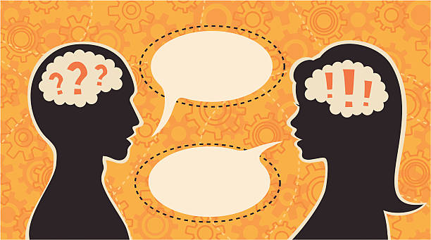 Question and answer Man and woman communicating, the man is asking a question or perhaps not understanding what the woman is saying. communication silhouettes stock illustrations