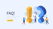 People Characters Standing near Exclamations and Question Marks. Woman and Man Ask Questions and receive Answers. Online Support center. Frequently Asked Questions Concept. Flat Vector Illustration.
