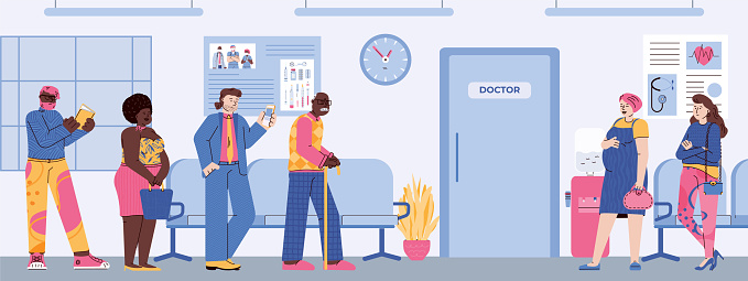 Queue people waiting doctor appointment in medical clinic a vector illustration.