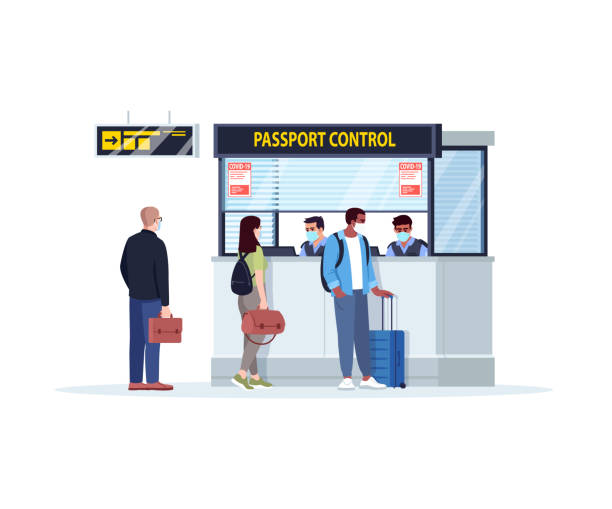 Queue to passport control semi flat RGB color vector illustration. Registration in airport terminal during virus outbreak. Control counter. Checkin isolated cartoon character on white background Queue to passport control semi flat RGB color vector illustration. Registration in airport terminal during virus outbreak. Control counter. Checkin isolated cartoon character on white background airport clipart stock illustrations