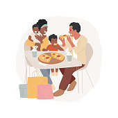 Quick snack isolated cartoon vector illustration Family at food court snacking, shopping bags, eating at the mall, having lunch, weekend together, commercial center, snack bar vector cartoon.