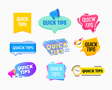 Quick Tips Helpful Tricks Emblems and Banners Set Speech Bubbles with Megaphone, Alarm Clock Isolated on White Background. Helpful Idea, Advice and Solution, Useful Hints. Cartoon Vector Illustration vector